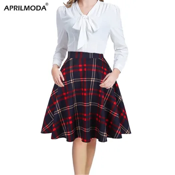 

Checkered Cotton Womens Midi Skirts High Waist Pin up Hepburn Retro Vintage Swing Skirts 50s 60s Rockabilly Plaid Jurken Skater