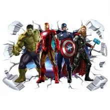 Мстители супер герои 3d сломанные наклейки на стену Халк Железный человек Плакат Фреска Детская комната украшения виниловые Аниме Обои 90*60 см