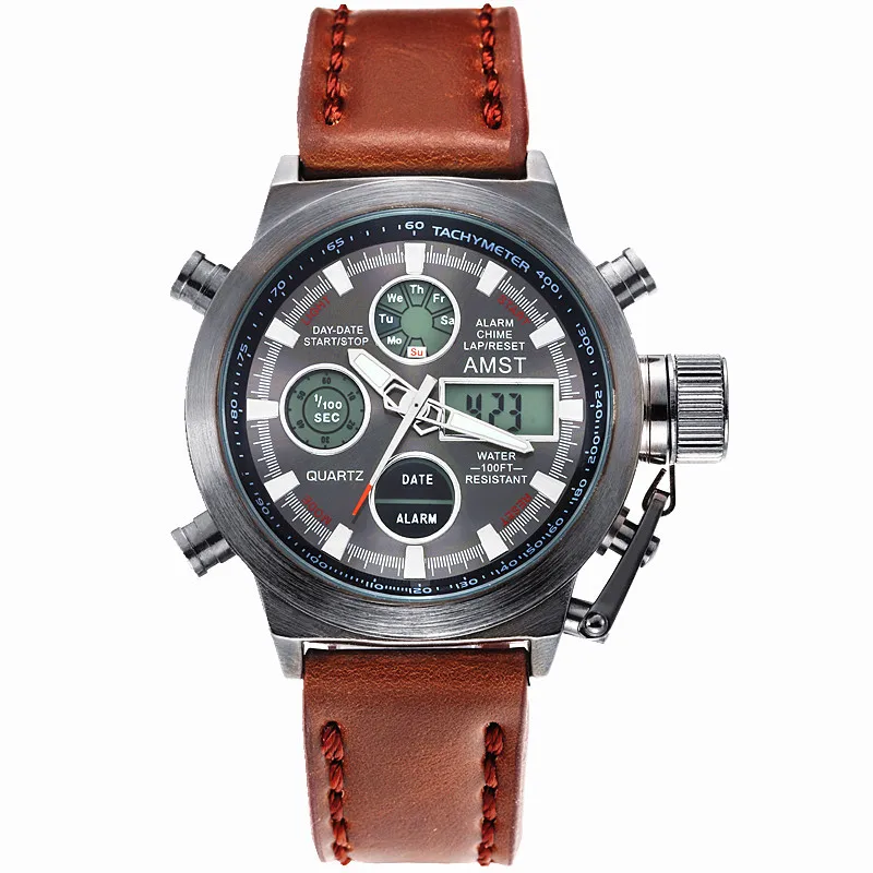  AMST Brand Men Leather Canvas Strap Sport Quartz Watch Led Digital 50M Waterproof Swim Army Militar