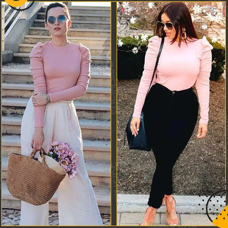 Dotfashion, рукав-фонарик, ребра, Вязанная, длинный рукав, футболка для женщин,, топы, осень, новинка, Элегантная футболка, простая одежда, облегающая футболка