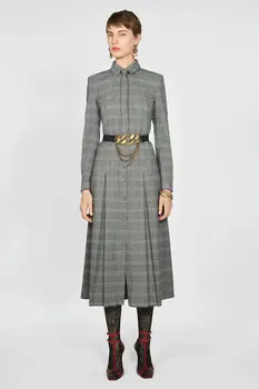 

2020 Spring Summer New Plaid grey zaraing women Dress vadiming sheining female Grey vintage plus size Dress XDN9180