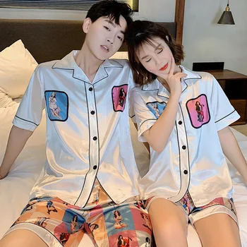 

Couples Pajamas Women's Summer Viscose Short Sleeve Silk Thin Plus-sized Fat mm 200 Men Homewear Set