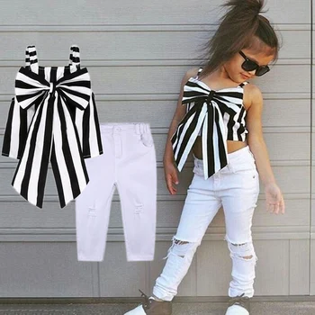 

Kids Designer Clothes 2019 Summer Baby Girls Outfits Girls Sets Plaid Clothing Shoulder-straps Bow Stripe Top Long Pants Child