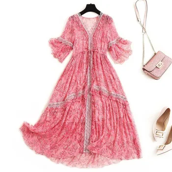 

2020 Summer Fashion High End Women V Neck Floral Printed Half Flare Sleeve Mulberry Silk Chiffon Stitching Lace Pink Dress