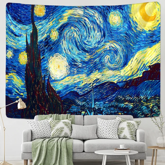Tapisserie célèbre Van Gogh imprimé couverture tenture murale étoile lune nuit tapisserie décorative couverture tissu chambre 200x150 cm grand 1