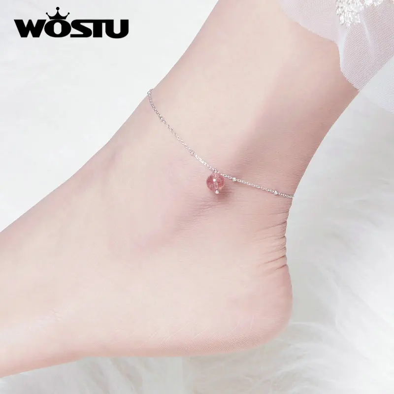WOSTU 100% 925 Sterling Silver Anklet Pink Crystal Strawberry Quartz Original Anklets For Women Good Lucky Luxury Jewelry CQT012 WOSTU 100% 925 Sterling Silver Anklet Pink Crystal Strawberry Quartz Original Anklets For Women Good Lucky Luxury Jewelry CQT012