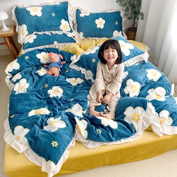 

Printed Magic Fleece Bedding Set 3 Or 4pcs/set Stripe Duvet Cover Winter Flannel Warm Bed Flat/fitted Sheet Linen Velvet Ruffles
