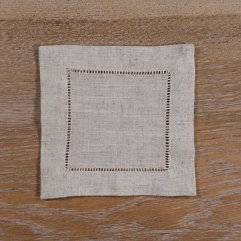 

N038-6: 12 pieces Natural Flaxen Polyester Linen Hemstitched Cocktail Napkins Ladder Hem Stitch Cloth Napkin Coasters