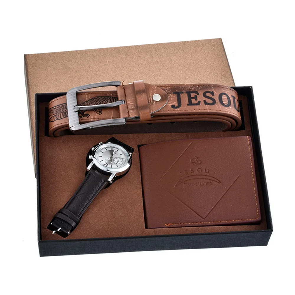 

Men Large Dial Fashion And Personality Circle PU Strip Quartz Watch Gift Set 3 Pieces