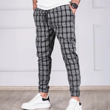 

2021 New Fashion Plaid Pants Mens Skinny Pencil Pants Slim Mid Waist Drawstring Trouser Men Loose Casual Jogger Long Pants