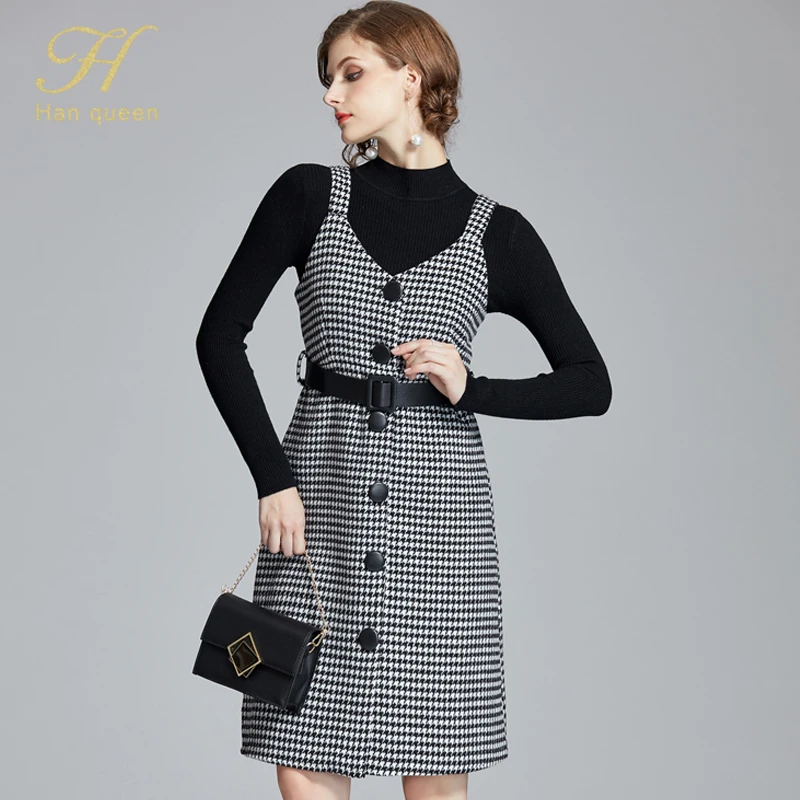 H Han queen Vestidos, 2 предмета, вязаный пуловер и клетчатое однобортное платье, женское элегантное офисное повседневное женское вечернее платье