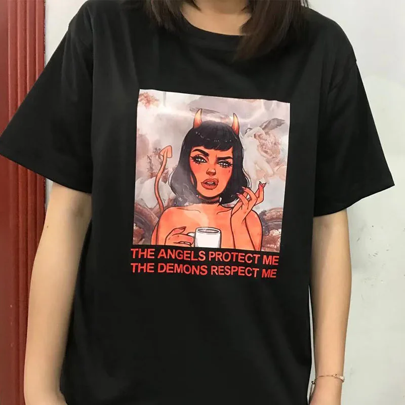 Винтажные летние топы Harajuku с надписью Devil веселые свободные коротким рукавом в