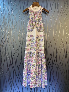 

2020 Spring and Summer New Women's round Neck Back Zipper Decorations Printed Pattern Color Matching Sleeveless Dress 529