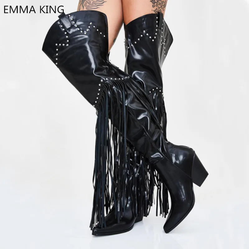 kelsie embroidered western thigh high long boot in black faux leather