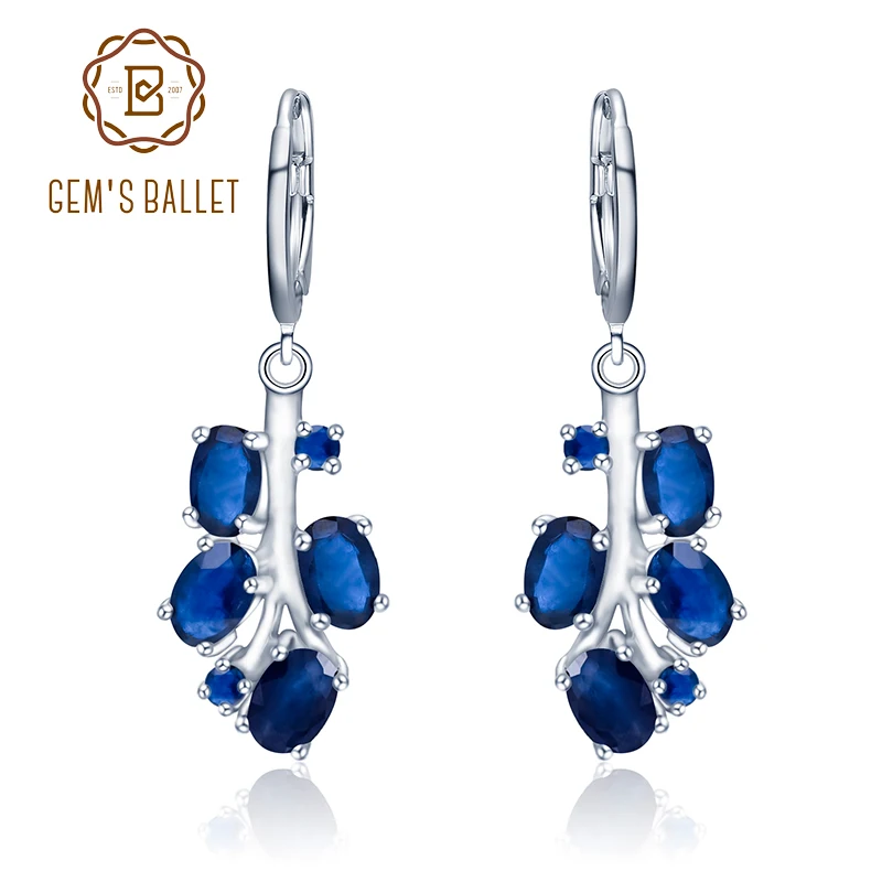 

GEM'S BALLET 925 Sterling Silver Leaves Drop Earrings 4.37Ct Natural Blue Sapphire Gemstone Leverback Earrings For Women Jewelry