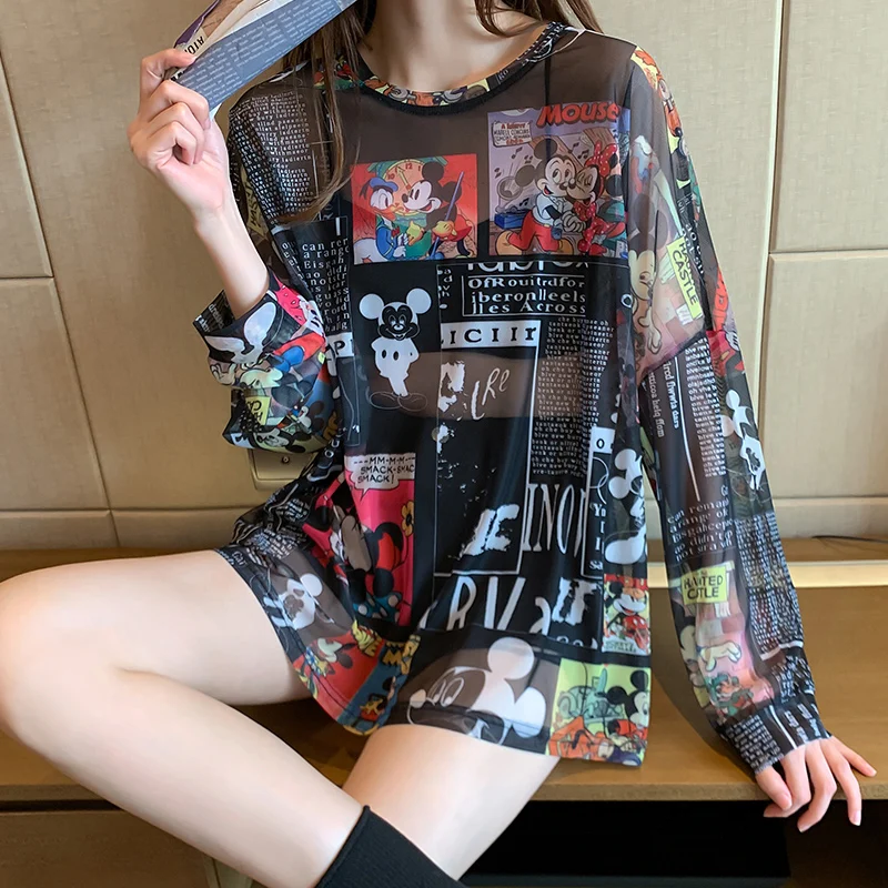 Disney 2021 Summer Famous Anime Mickey Mouse Brand Mesh Shirt Women Sun Protection Transparent Long Sleeve Blouse Ladies T-shirt