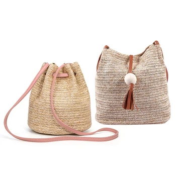 

2Pcs Summer Straw Bucket Bag Weave Purse Handbag Fringe Bohemian Bag Pouch - Pink & Brown