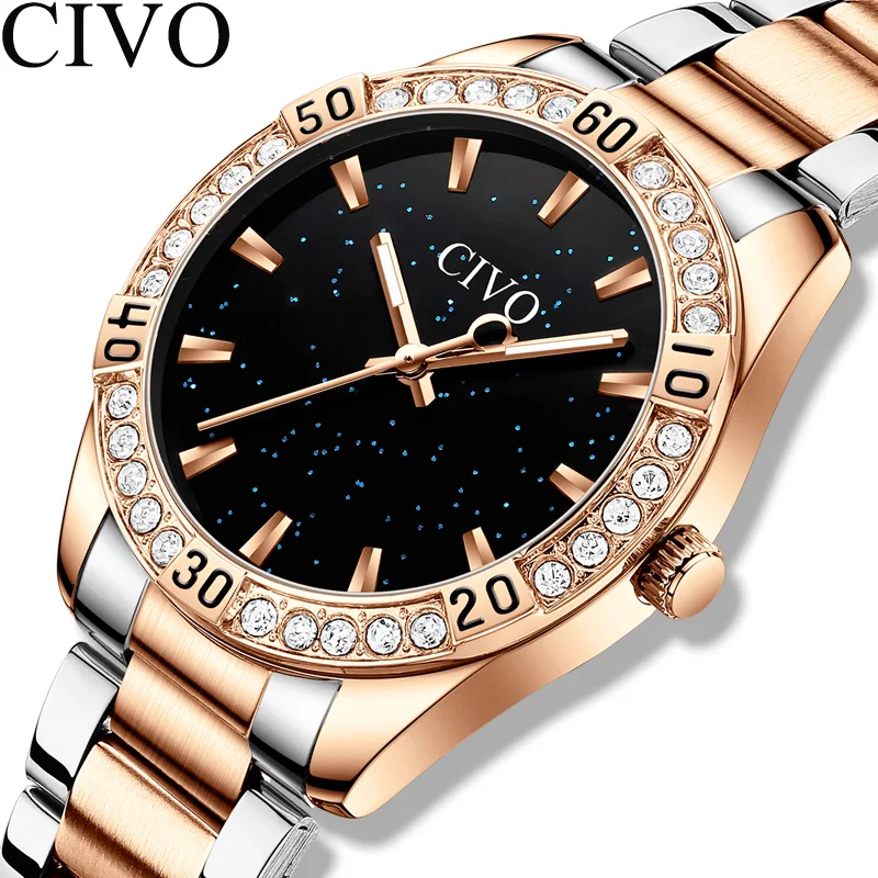 CIVO-relojes de acero inoxidable para mujer, pulsera de esfera de diamante resistente al agua, analógicos de tres manos, de cuarzo