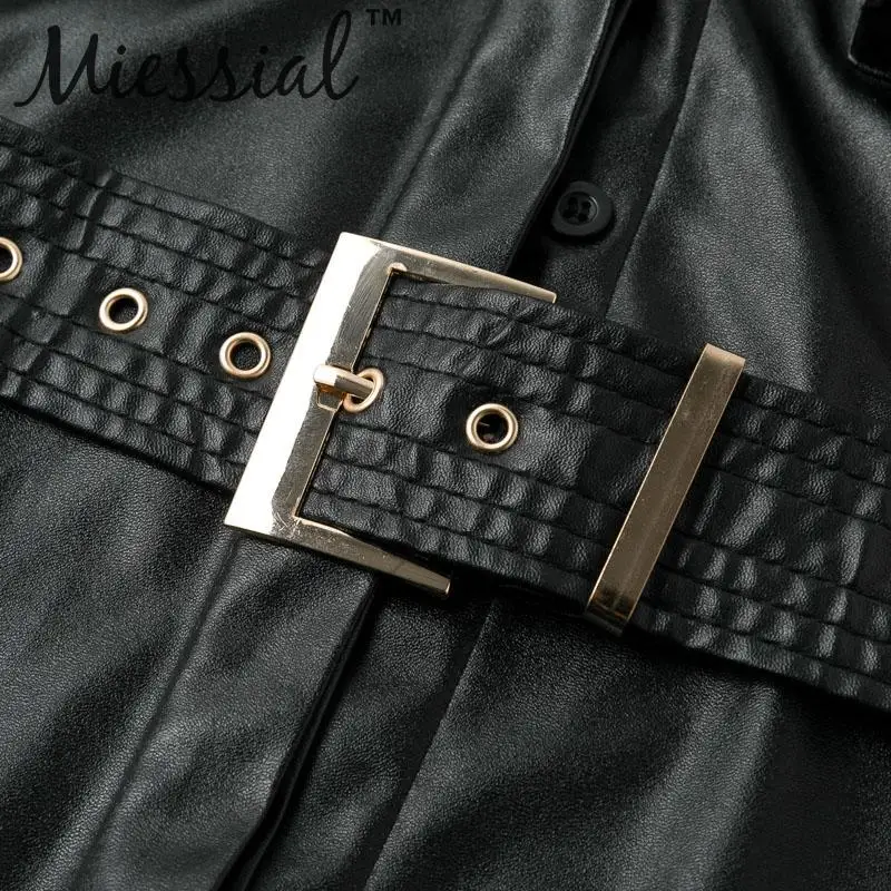 Miessial, женское офисное платье из искусственной кожи с черным поясом, женская верхняя одежда с коротким рукавом, модное платье миди, весеннее сексуальное элегантное вечернее платье