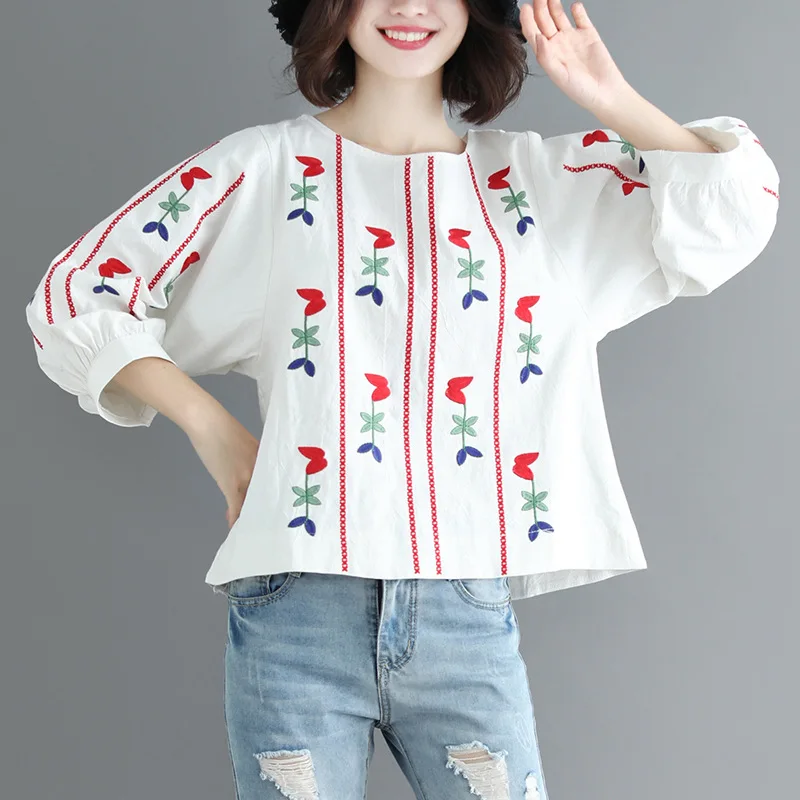 2022 autumn and winter women's cotton and linen long-sleeved T-shirt loose striped embroidery art pullover top