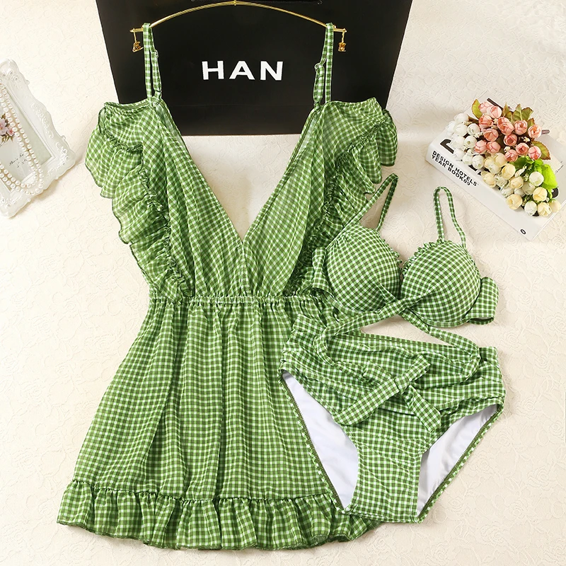 

Sexy Bikini 2019 three-piece Covering Velly push up Vikini Green plaid Swimsuit Women sling strapless Swimwear Female Ruffle