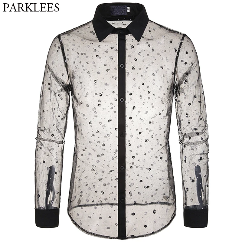 Goedkoop Sexy Black Lace Shirt Mannen Nieuwe See Through Heren Dress Shirts Lange Mouwen Bloemen Transparante Night Club Stage Dance Chemise homme