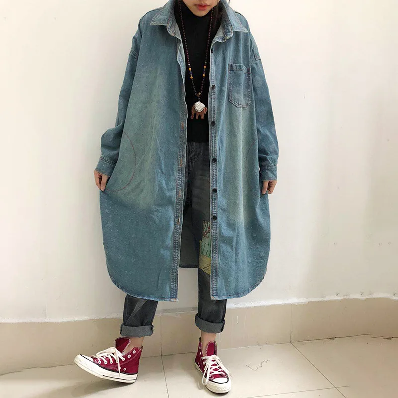 

Large Size Denim Shirt Women's 2019 Spring New Style Loose-Fit Gradient Dotted Star Pattern Mid-length Casual Cardigan