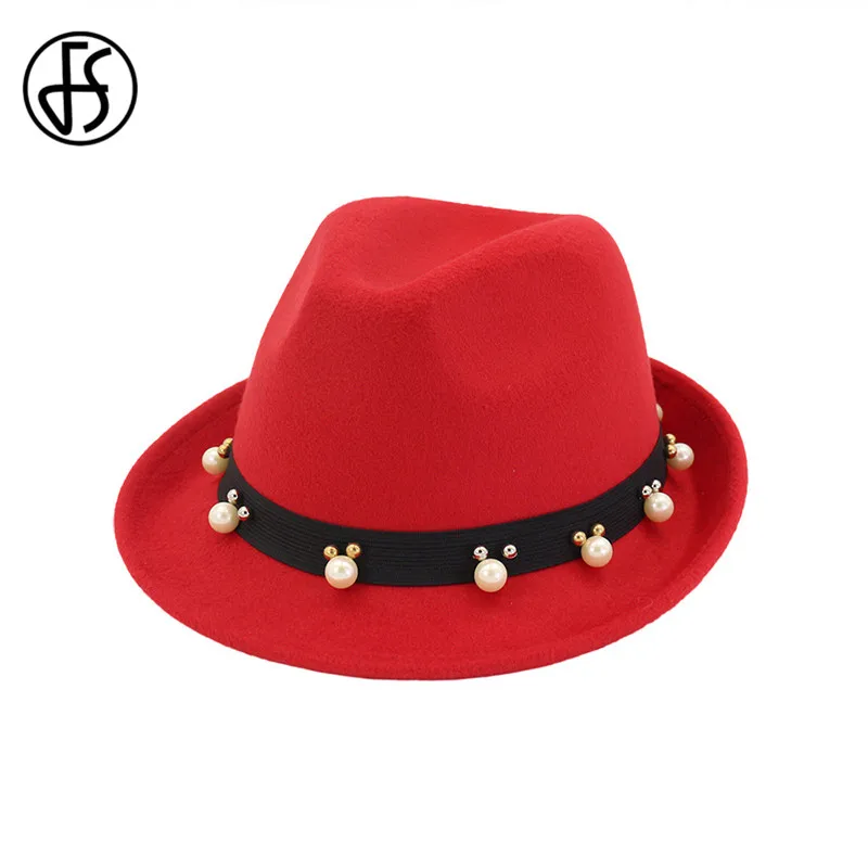FS Зимняя шерстяная джазовая шапка для мужчин и женщин, осенняя фетровая шляпа, женская шапка с перламутровым верхом, черная красная шапка, женская шапка