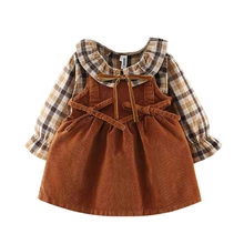 Новое хлопковое платье для малышей от 0 до 3 лет, модное осеннее платье в клетку на бретелях для девочек два комплекта одежды, Vestido, одежда для девочек