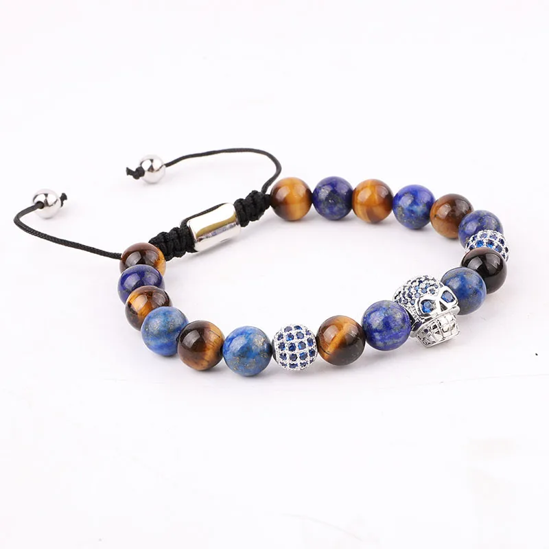 New Design Natural Stone Beads Blue CZ Pave Skull Charm Macrame Adjustable Bracelet Men - Image 6