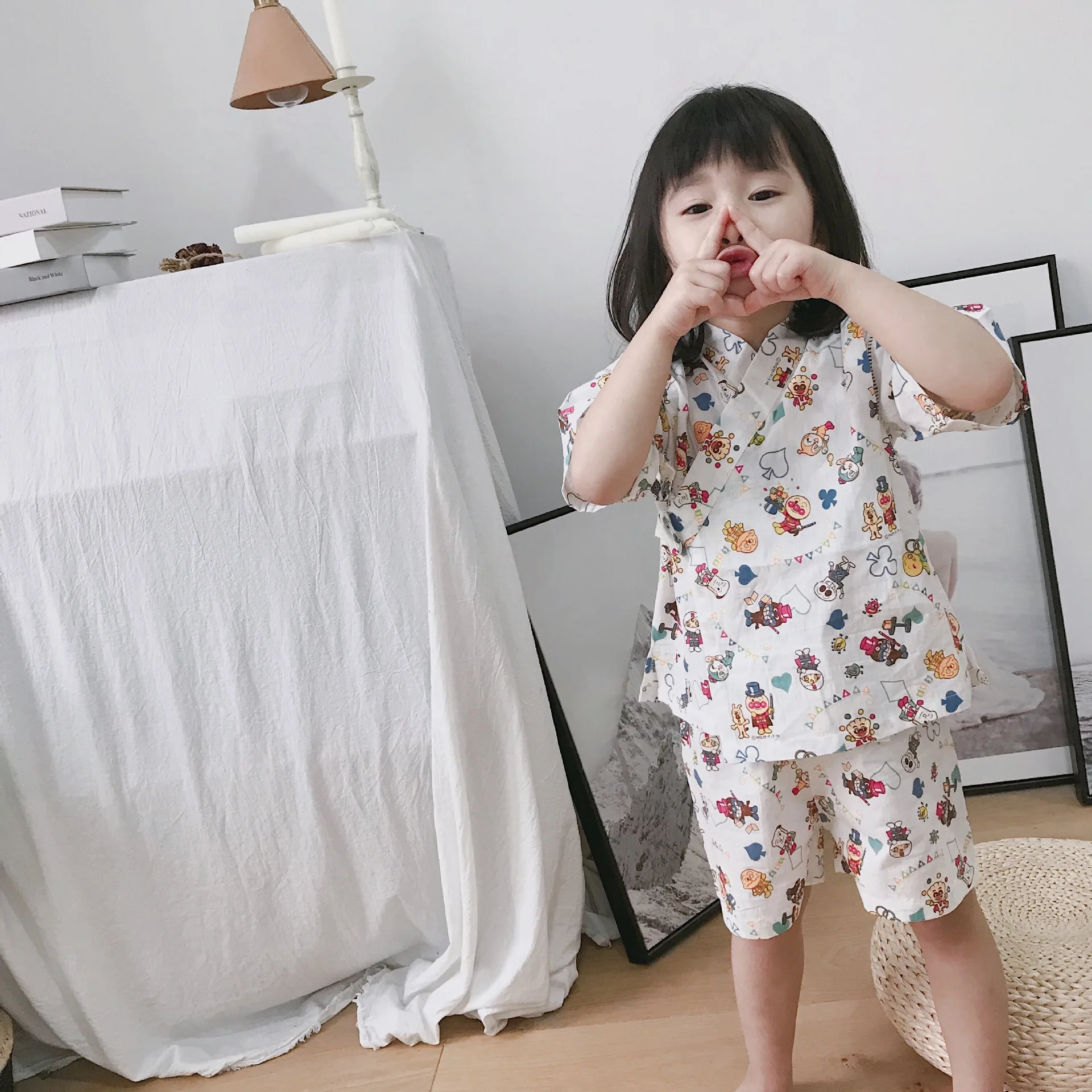 

Bread Superman INS-Style Home Wear Pure Cotton Summer Short-sleeved Thin Set Japanese Style Kimono Bathrobe Two-Piece Set