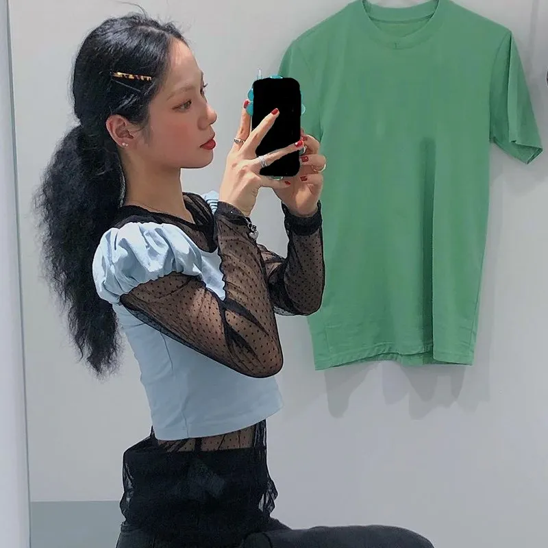 WHITNEY WANG модная уличная Корейская стильная короткая футболка в горошек из 2 предметов женская футболка femme Топы
