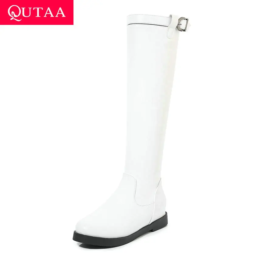 

QUTAA 2020 Scrub PU leather Fashion Buckle Zipper Autumn Winter Knee High Boots Square Middle Heel Casual Women Shoes Size 34-43
