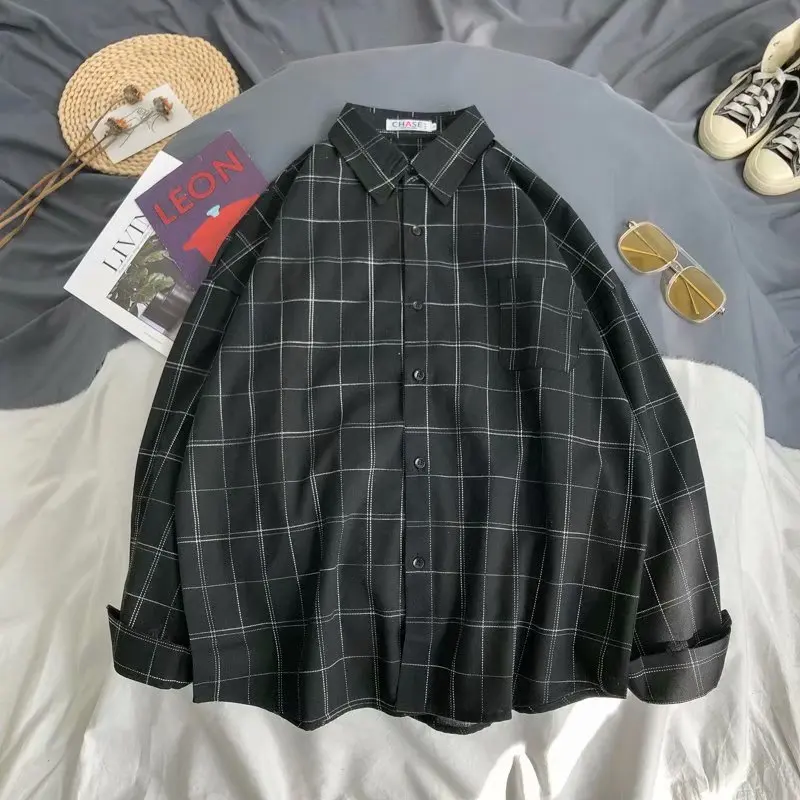 Spring and autumn Hong Kong style ins plaid shirt men's long-sleeved Korean trendy handsome jacket casual loose couple shirt Spring and autumn Hong Kong style ins plaid shirt men's long-sleeved Korean trendy handsome jacket casual loose couple shirt