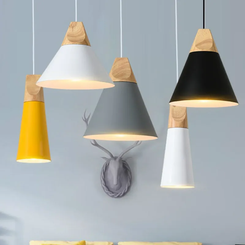 LED Pendant Lights Colorful Solid Wood Aluminum lampshade Dining Room Modern Luminaire Hanging Lamp Restaurant Kitchen Lighting | Лампы и