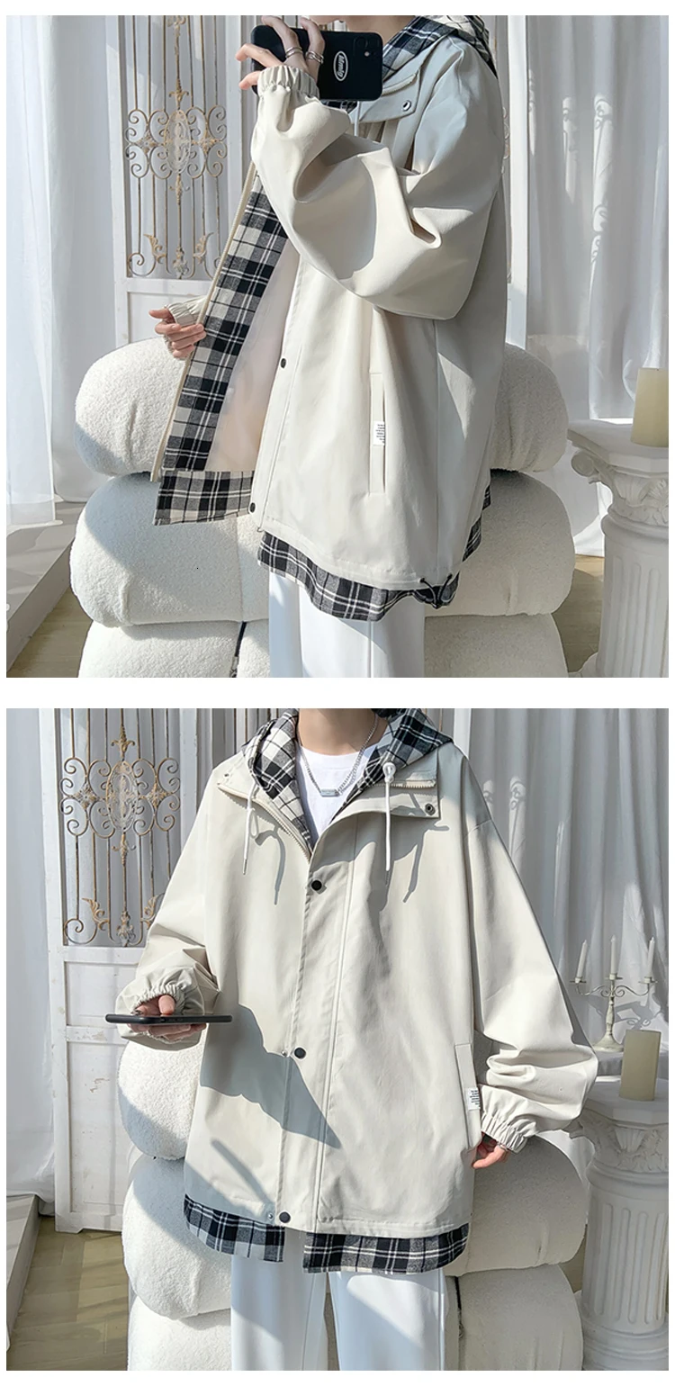 Privathinker Korean Black White Plaid Men Hooded Jacket 2022 Harajuku Man Oversized Coats Spring Male Casual Outwears Clothing mountain hardwear ghost whisperer