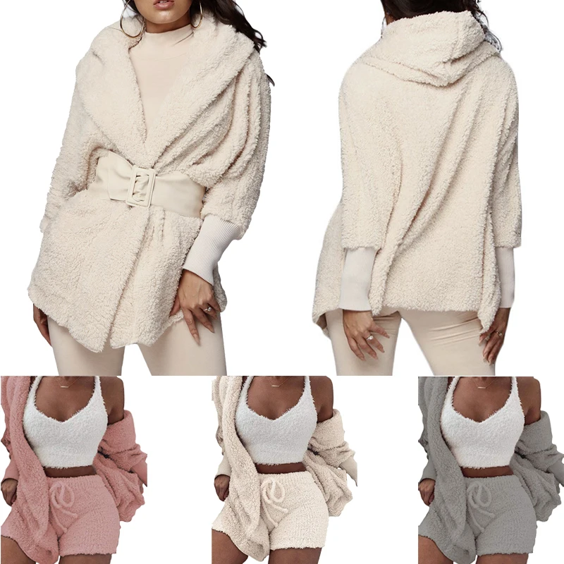 Женский зимний теплый пушистый пижамный комплект, кардиган, свитер с длинным рукавом, плюшевое пальто с капюшоном+ шорты, комплект одежды для сна, домашняя одежда, 2 шт