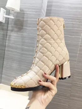 

XOBZJH Women Boots Fashion High Heels Boots For Women Designer C Brand Genuine Leather Winter Boots Handmade Slip-on Black Shoes