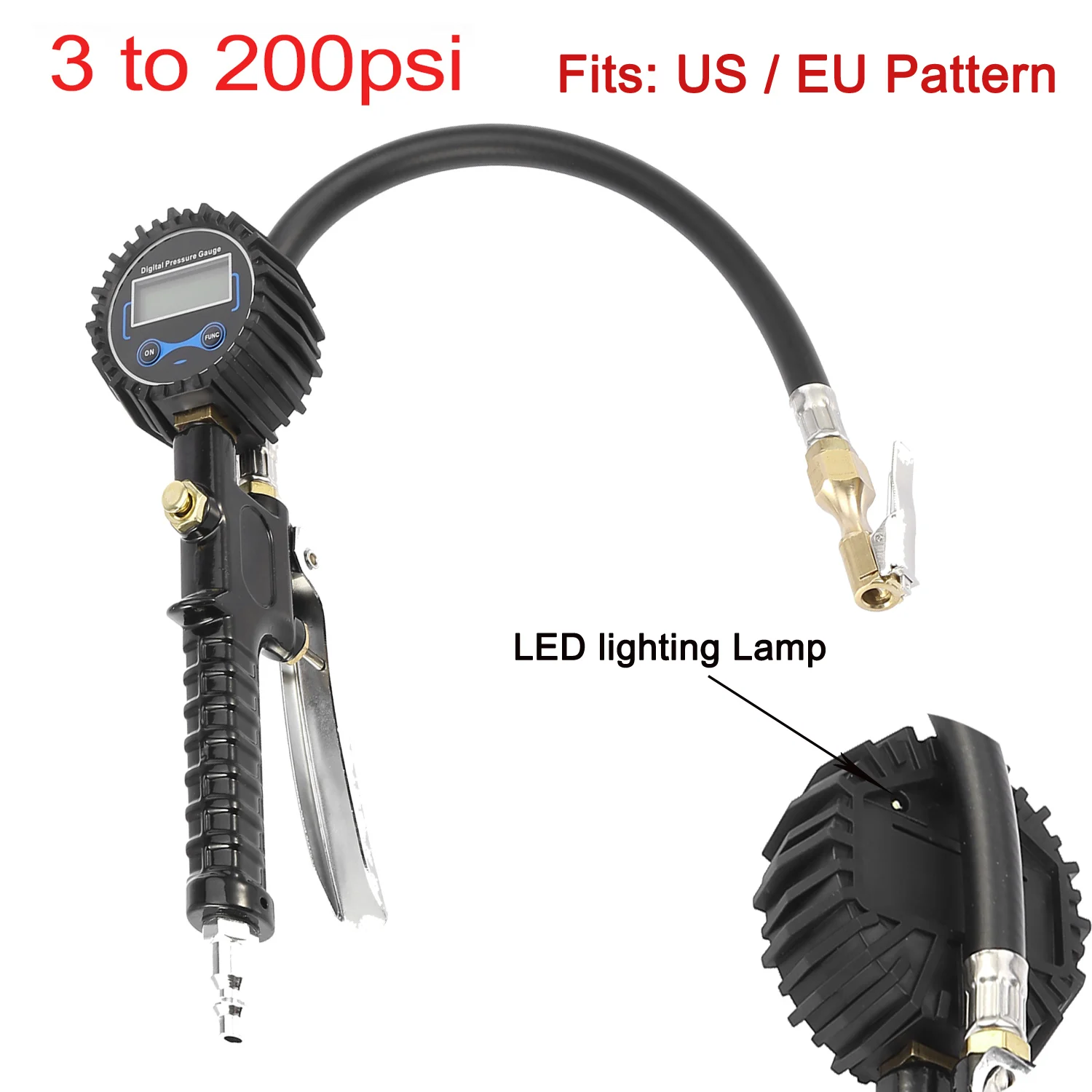 X Autohaux 3-220Psi Car Digital Us Manometro Per Gonfiaggio Pressione Pneumatici Pistola A Clip Rapida Manometro Led Back Light Tester Di Gonfiaggio