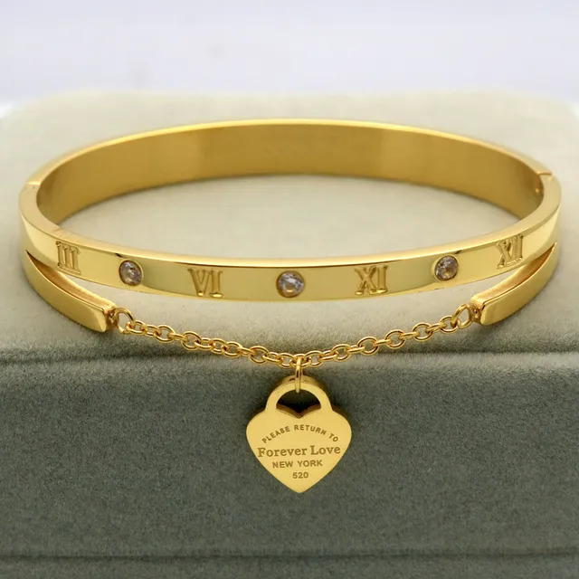 Design Luxury Brand Bracelet Women Hanging Heart Label Forever Love Pulseira Titanium steel Bangle Bracelets For