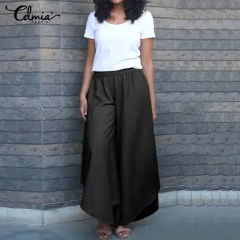 

Celmia Plus Size Women Cotton Linen Wide Leg Pants Casual High Elastic Waist Loose Trouser Ladies Elegant Asymmetrical Bottoms 7
