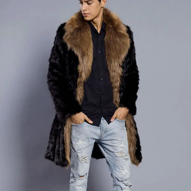 

Men Winter Artificial Fur Coat Thick Velvet Fold-down Collar Faux Fur Long-cut Coat Warm Coat