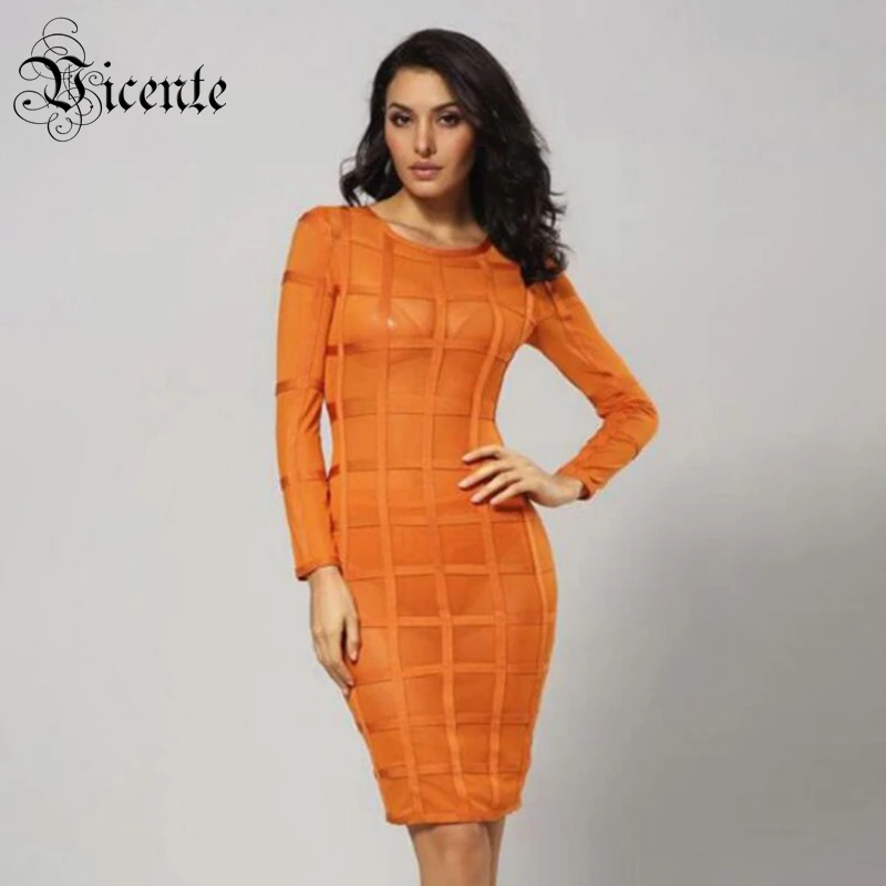 Clearance Sale ! VC Hot Grid Mesh Splicing Long Sleeves Celebrity Party Club Bandage Mini Dress