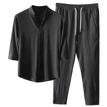

2020 casual suit men's summer handsome trend short-sleeved cardigan five-point sleeve trousers middle-sleeved sports slim casual