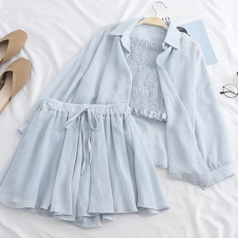 

2019 Summer Sunscreen Shirt Sling Vest High Waist Wide Leg Shorts Matching Set Top And Shorts Three Pieces Set