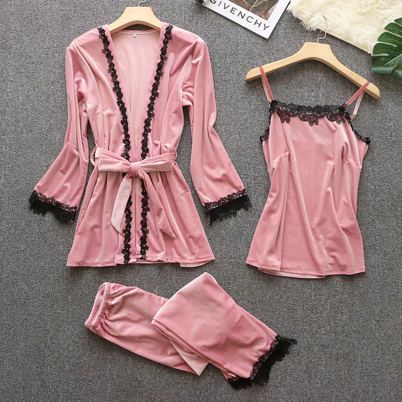 

Luxury Pajamas for Women Sexy Sleepwear Winter Velvet Bathrobe Nightwear with Chest Pad Thick Warm Home Clothes Robe Sets