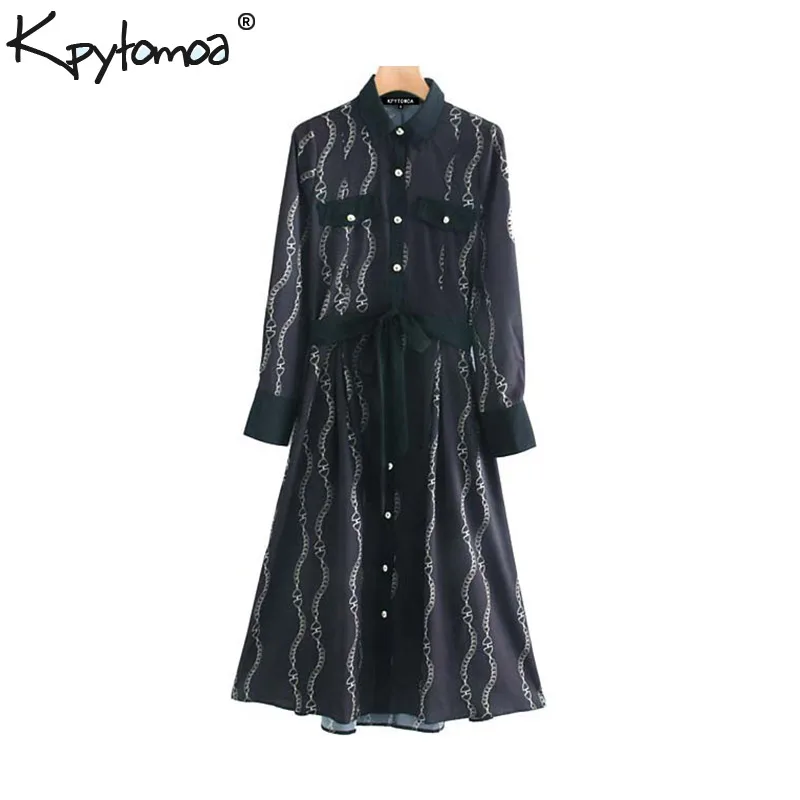 

Vintage Chic Chains Print Bow Tie Sashes Midi Shirt Dress Women 2019 Fashion Long Sleeve Pockets Office Wear Dresses Vestidos