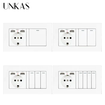 

UNKAS EU Standard Wall Socket Dual USB Port 146*86MM + 1 2 3 4 Gang 1 / 2 Way On / Off Light Switch PC Plastic Panel Outlet