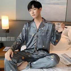 New Men Comfortable Pyjamas Long Sleeve Casual Home Wear Autumn Silk Boy Pajama Sets Leisure Sleepwear Set Plus Size 3XL 4XL 5XL