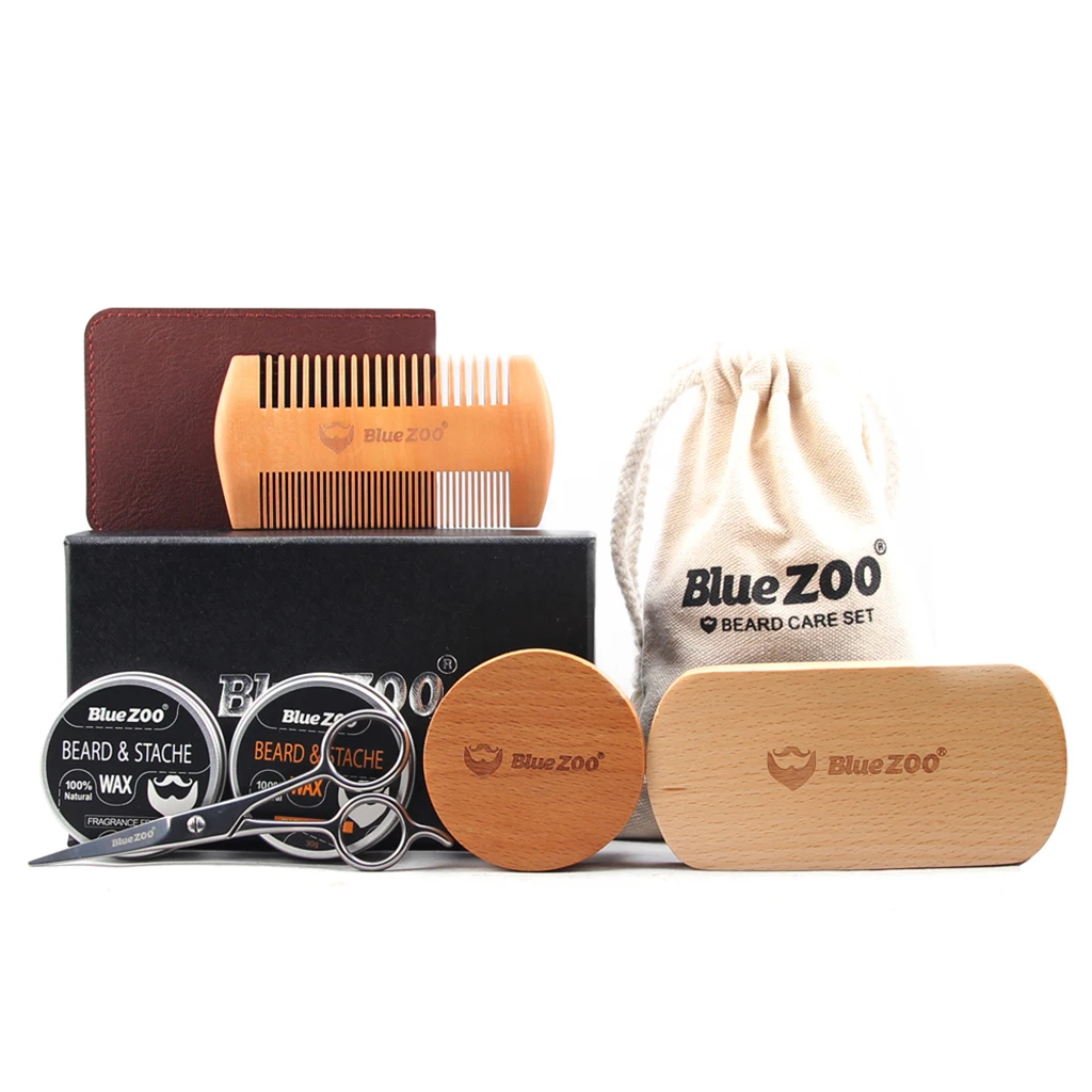 Pear Wooden Beard Grooming Men Dad Husband Facial Hair Care Trimming Kit Mustache Balm Comb Brush Set Beard Wax